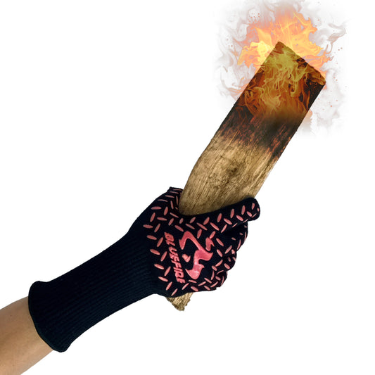 BBQ Grill Firepit Oven Mitts Highest Heat Resistance EN407 Lab Certified (Large, Pink/Black)