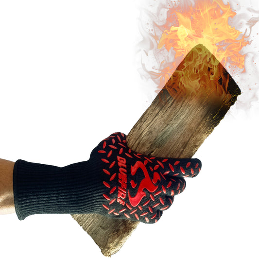 BBQ Grill Firepit Oven Mitts Highest Heat Resistance EN407 Lab Certified (X-Large, Red/Black)